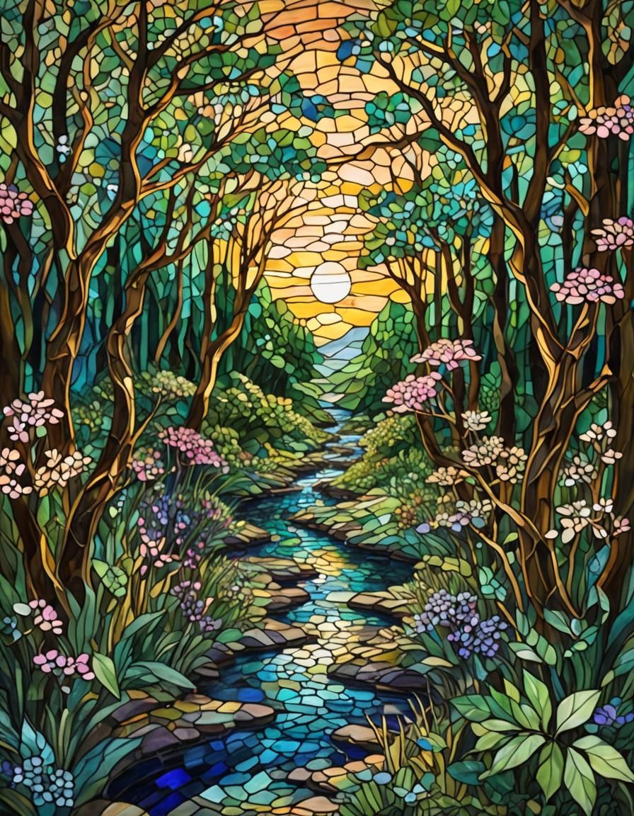 Lush Forest Sunrise in Stained Glass Mosaic