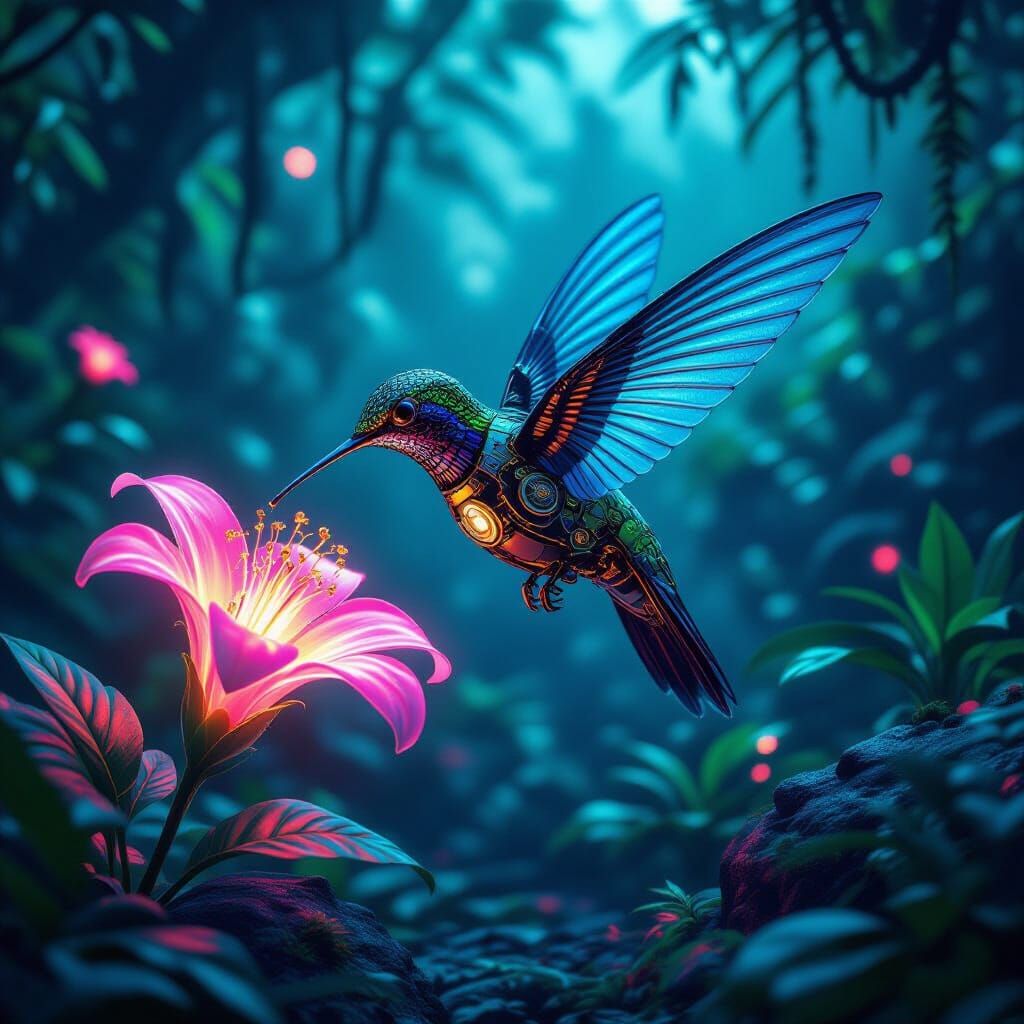 Clockwork Hummingbird in Bioluminescent Jungle