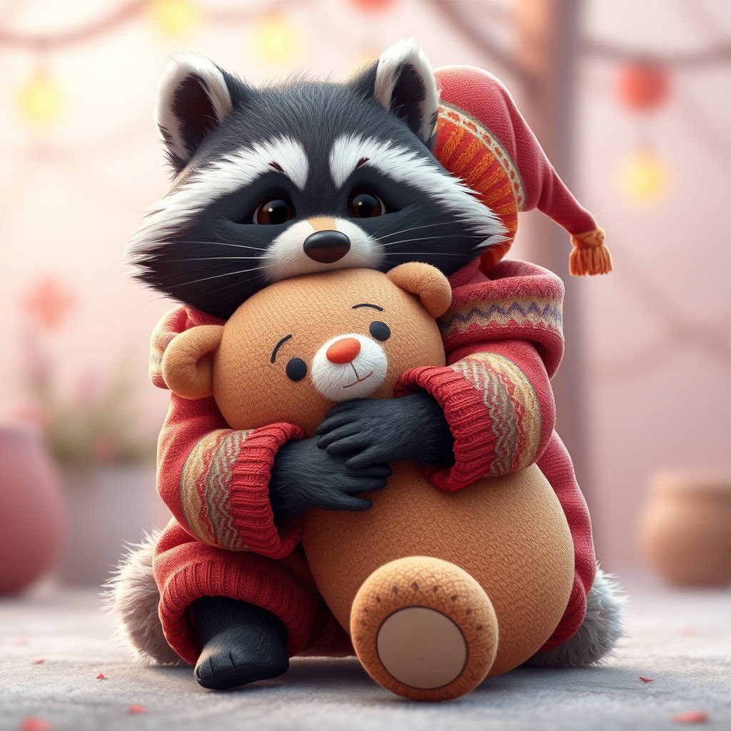 Raccoon Dog Embracing Plush Toy in 3D Anime Style