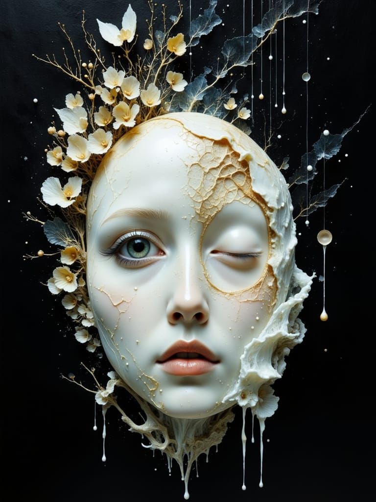 Surreal Faces Emerge in Milky White Oil Painting