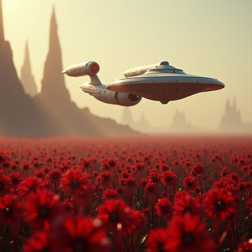 Star Trek Vessel Over Field of Carnivorous Skull Flowers