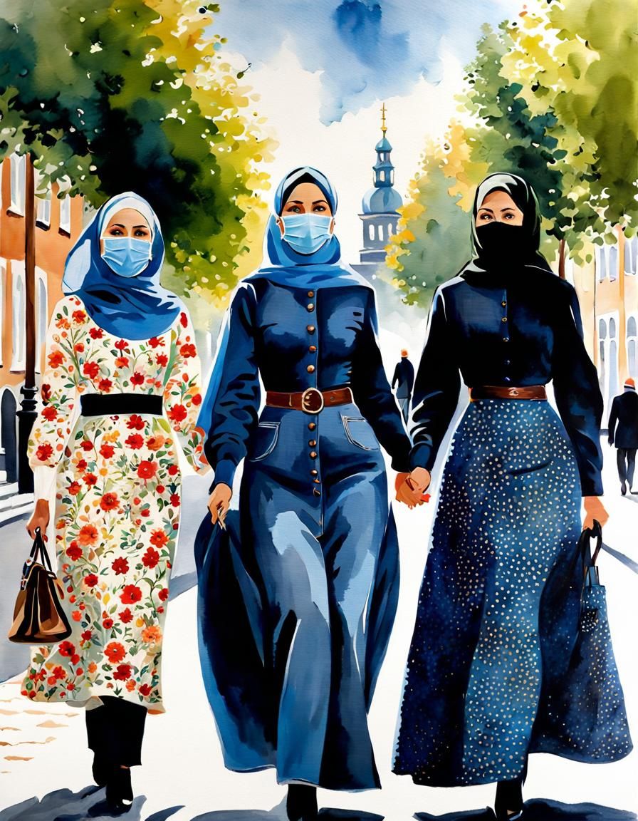 European Women in Hijabs, Watercolor Painting