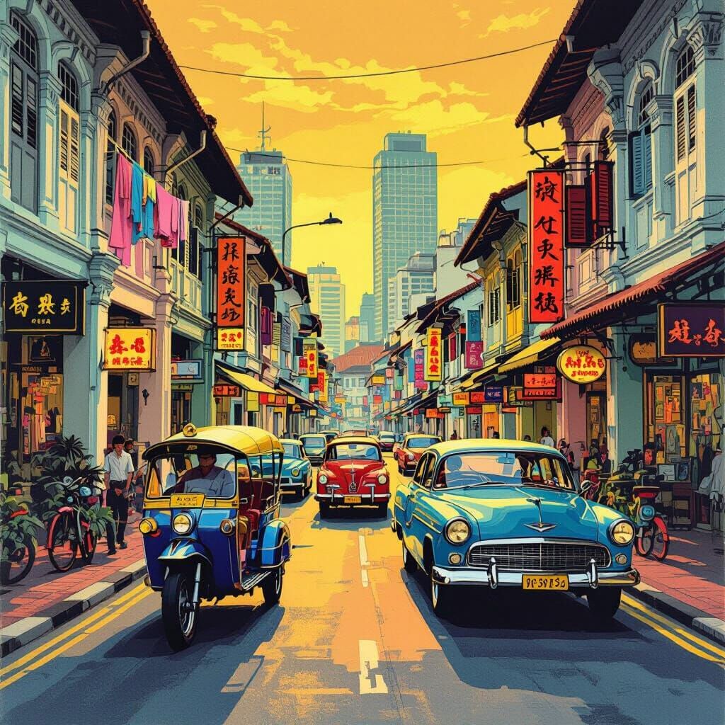 1970s Singapore Street Scene in Pop Art Style