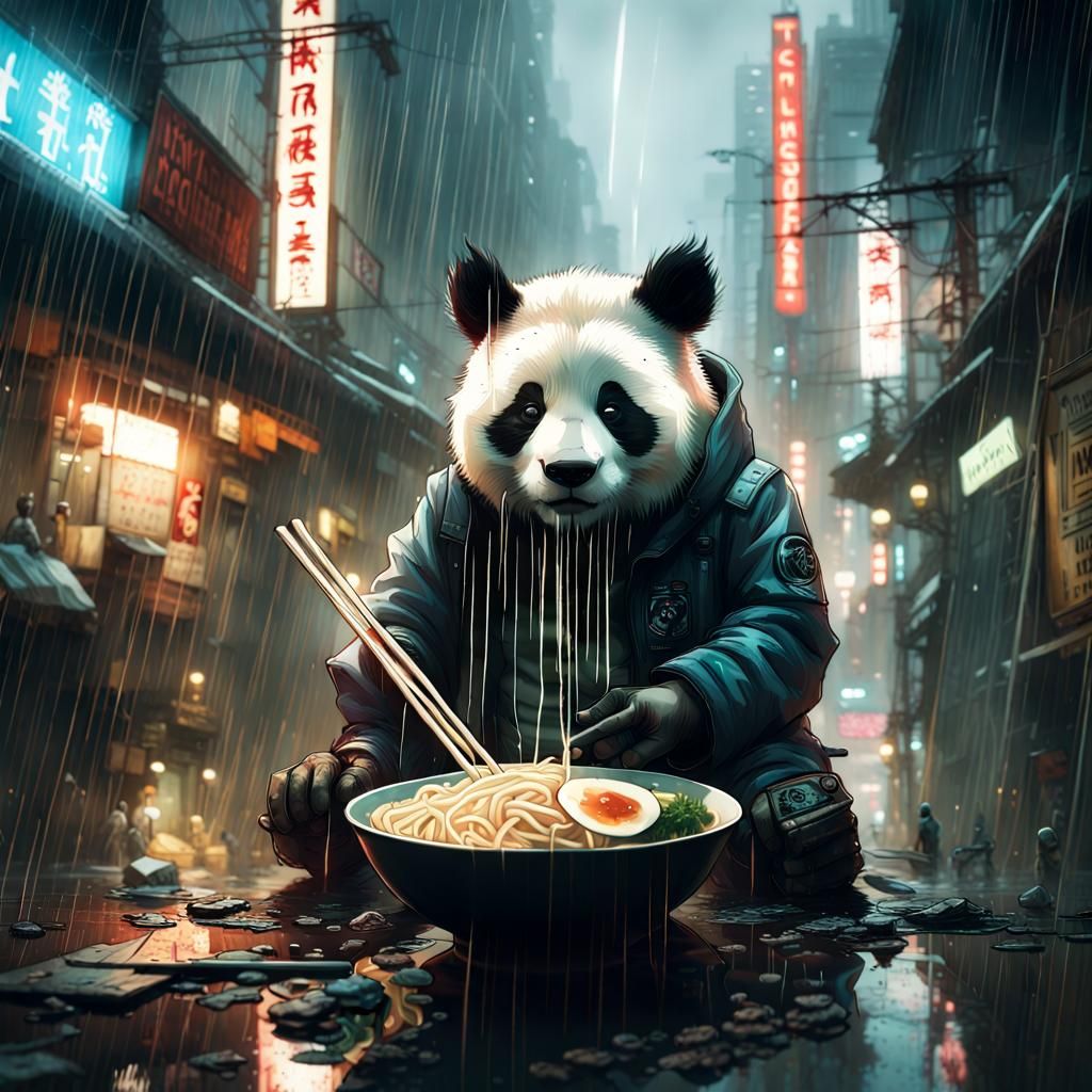 Cyberpunk Panda Slurping Ramen in Rainy Cityscape
