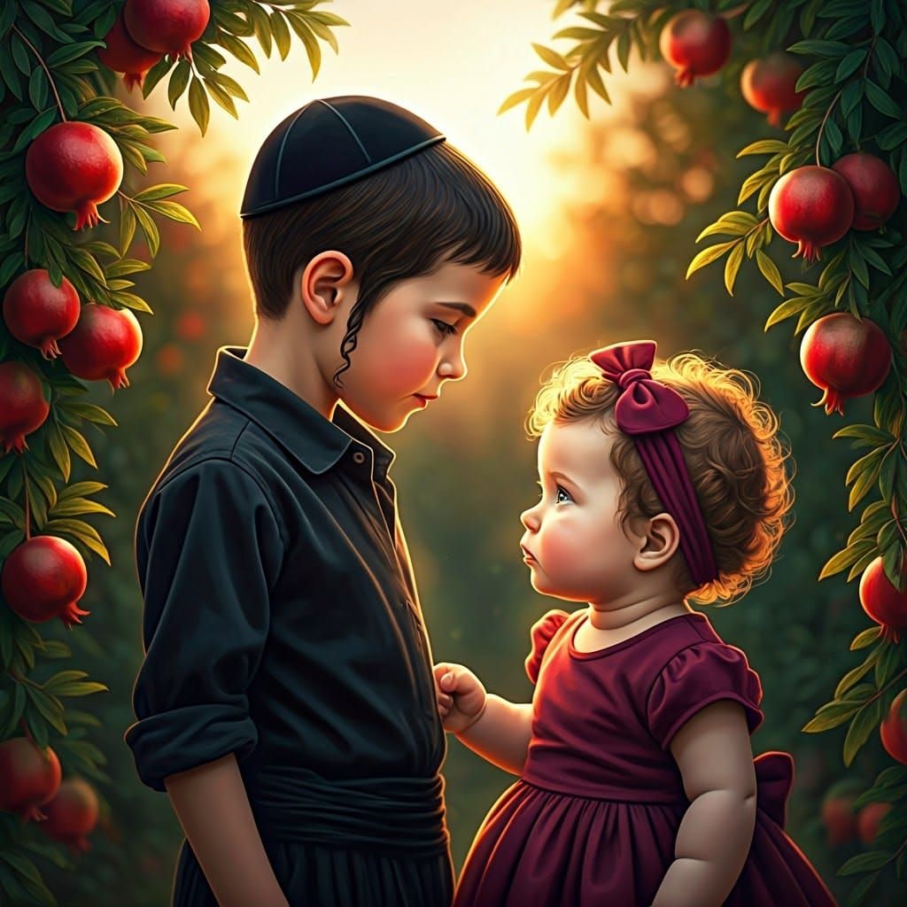 Children in Pomegranate Grove: Hyperrealistic Splash Art