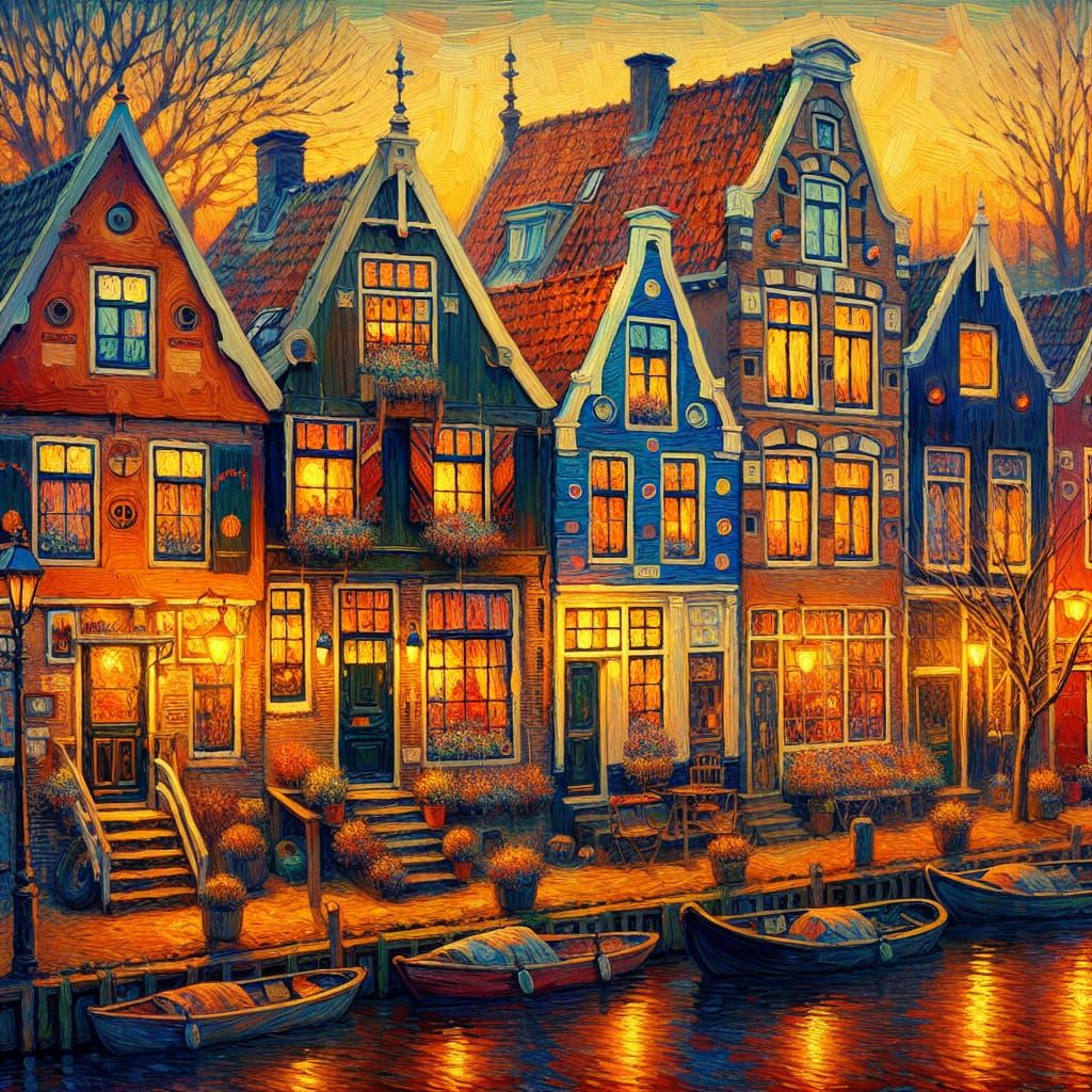 Cozy Dutch Houses in Evening Light, Art Brut Style