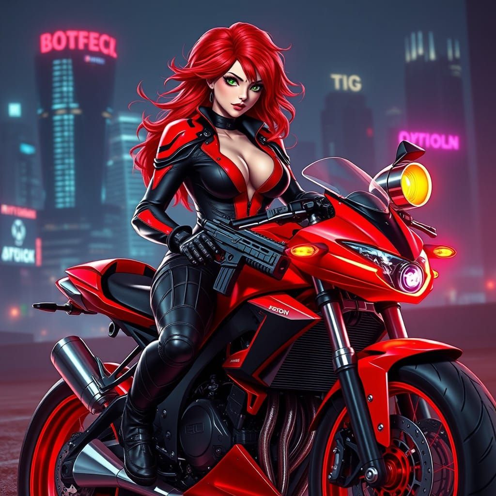 Cyberpunk Gynoid with Red Hair and Submachine Gun in Futuris...