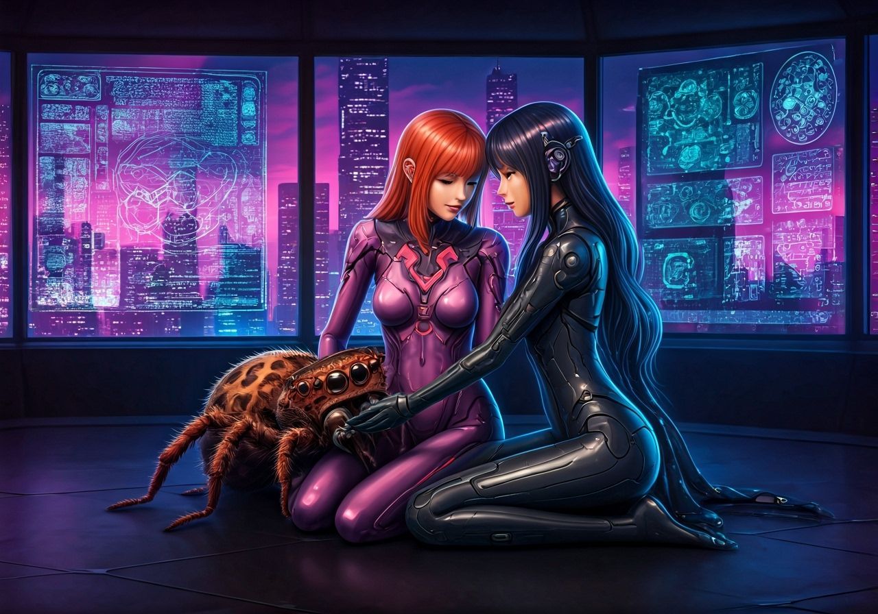 Cyberpunk Women Cuddle Large Pet Spider