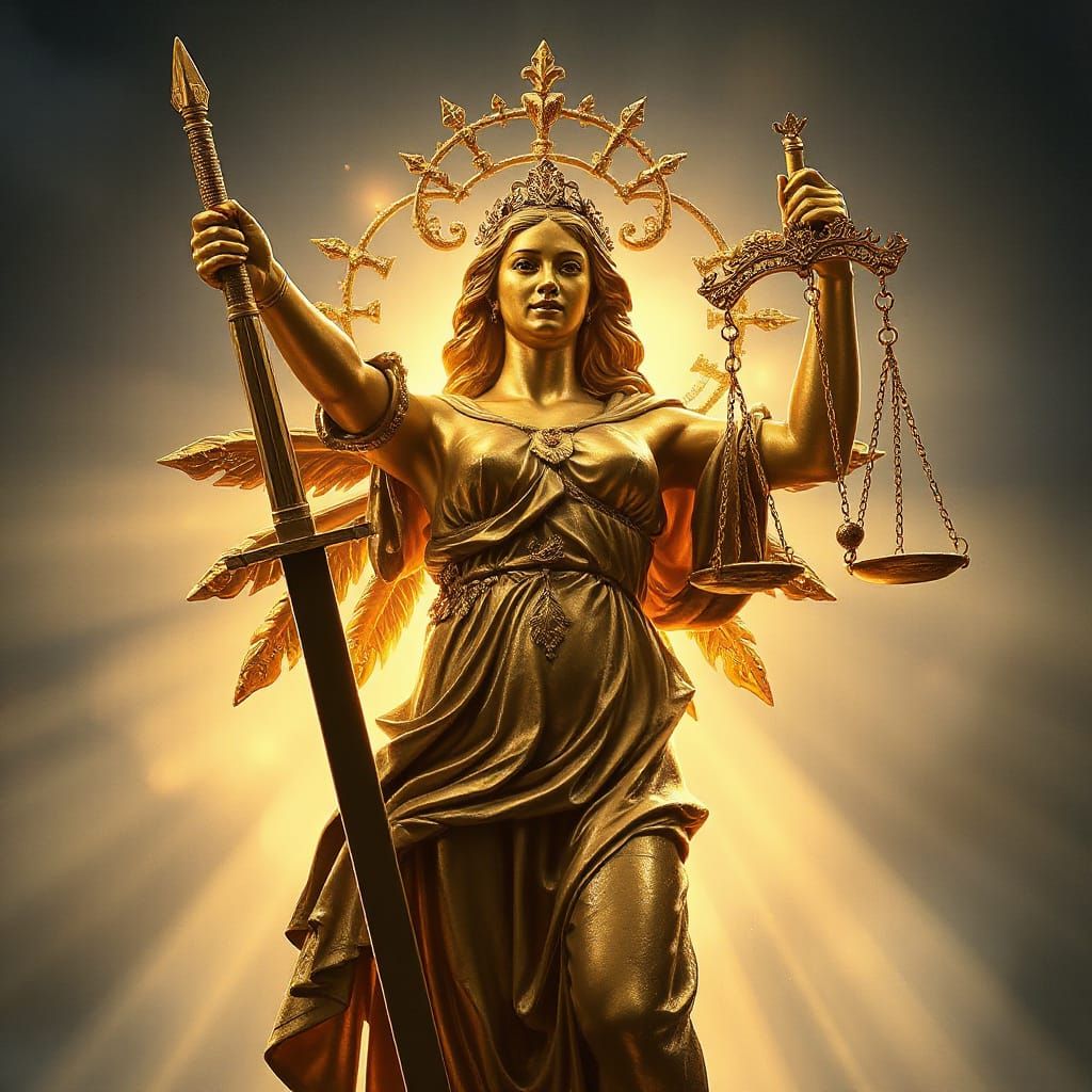 Golden Goddess of Justice Statue with Sword