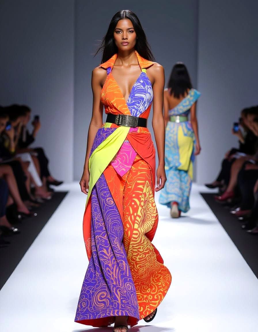 Extravagant Model Catwalk in Neon Batik Style