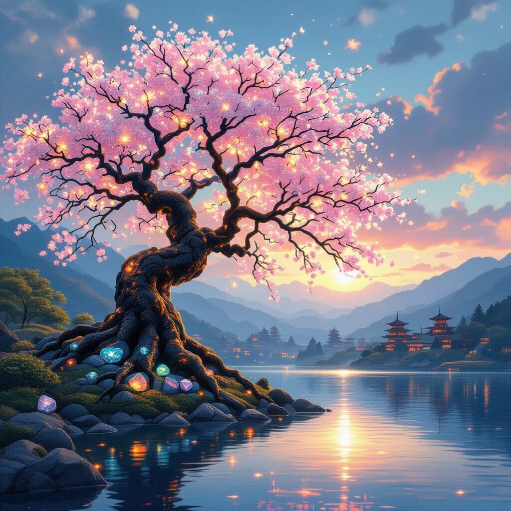 Ethereal Sakura Tree with Gemstone Roots