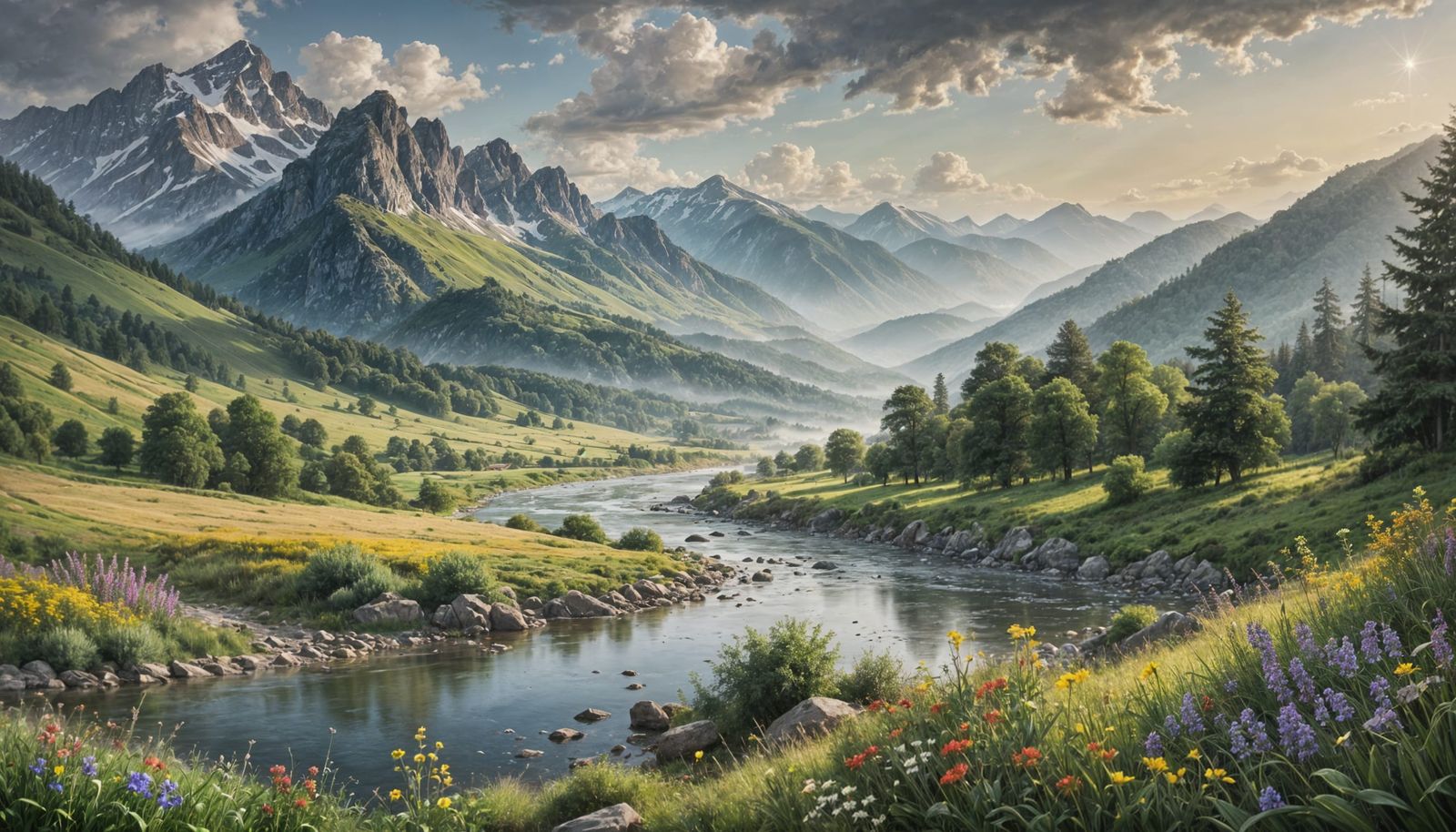 Photorealistic Valley Landscape with Misty Mountains