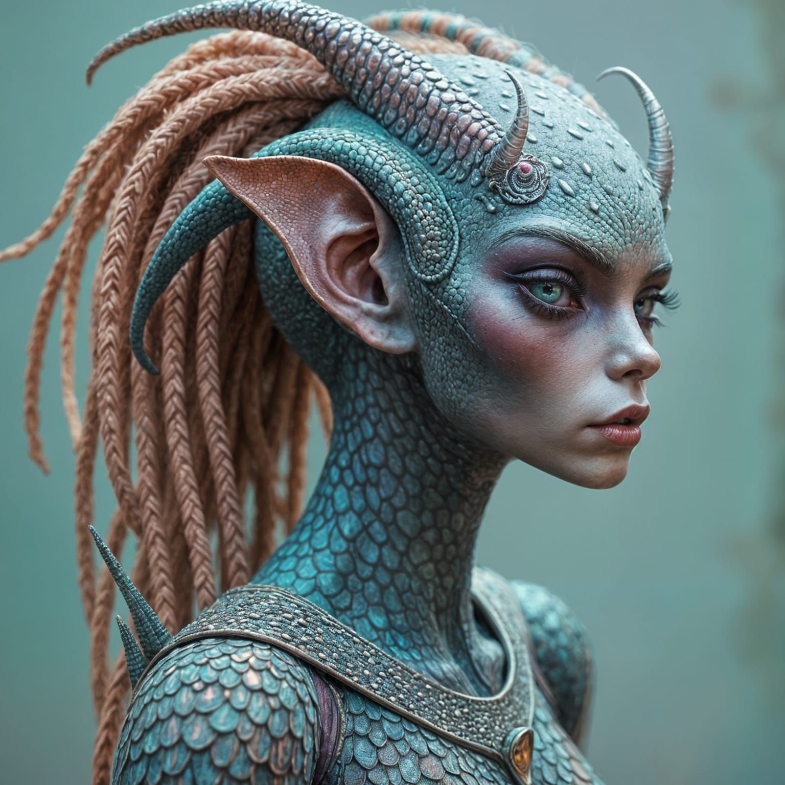 Alien Woman with Iridescent Armor and Dreadlocks