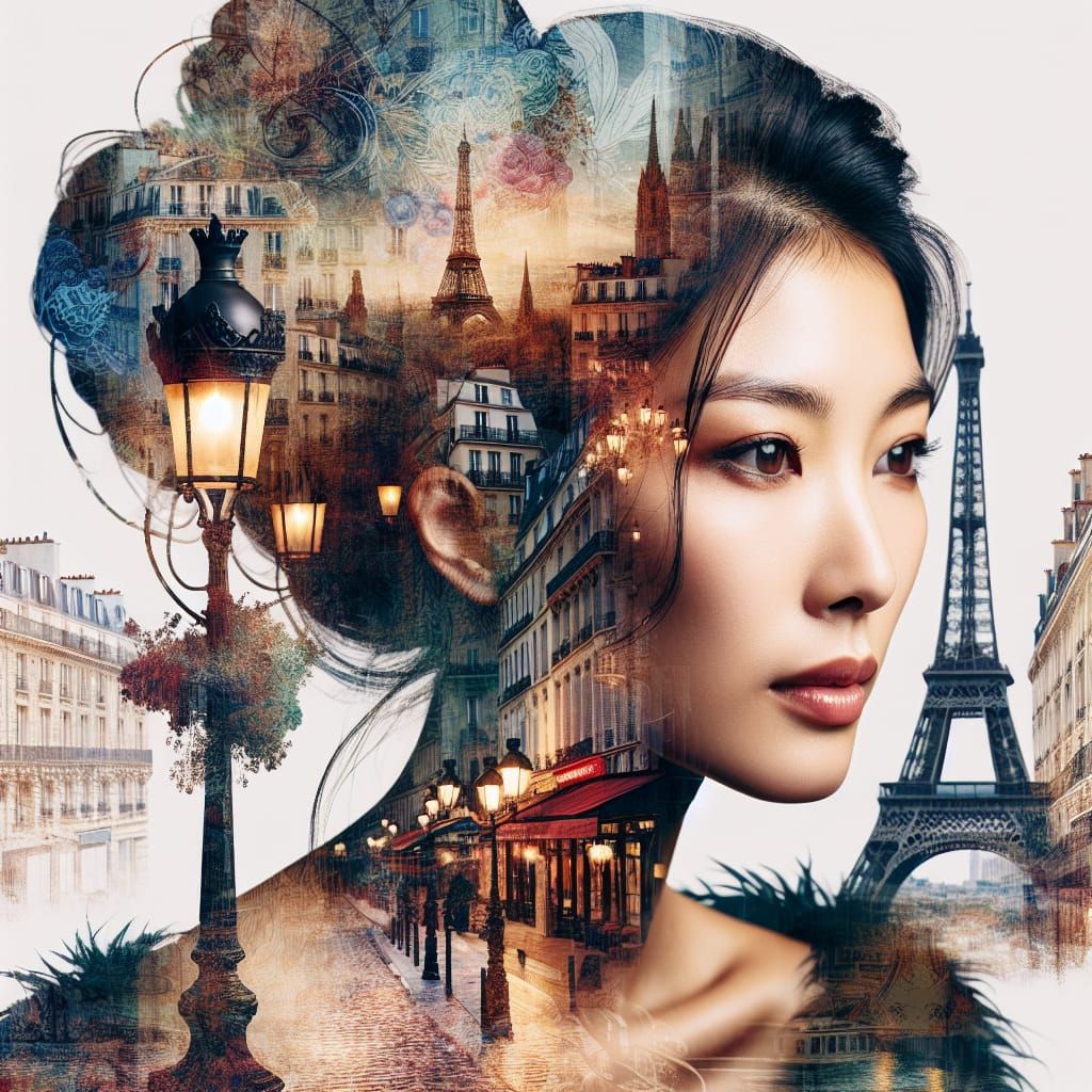 Double Exposure: Asian Woman in Paris
