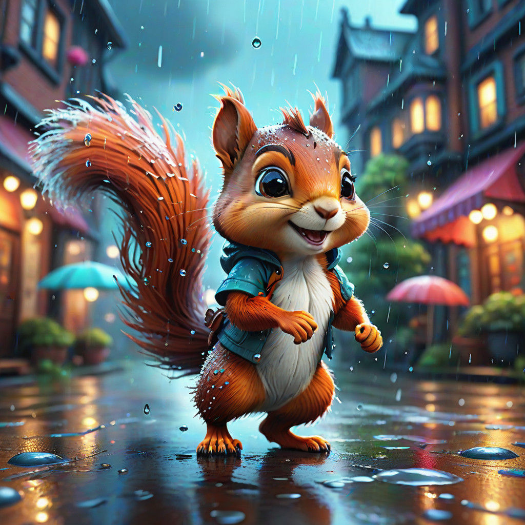 Mystical Squirrel Captured in Whimsical Rainy Scene