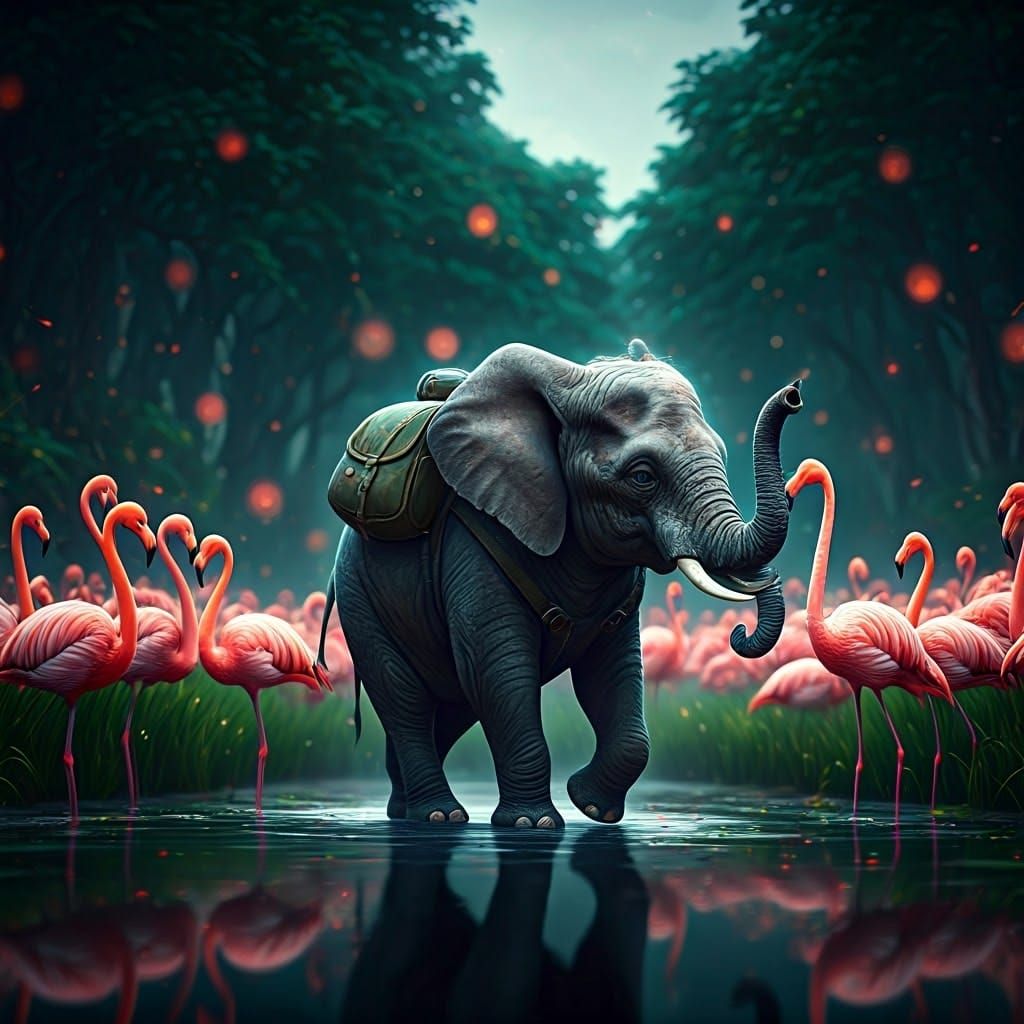 Miniature Elephant's Wetland Journey: Mystical Realism