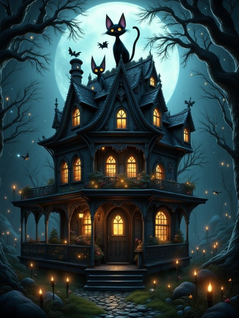 Creepy Bat Cat Over Victorian Home in Moonlight