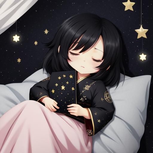 Chibi Girl Sleeping Under Starry Night Sky