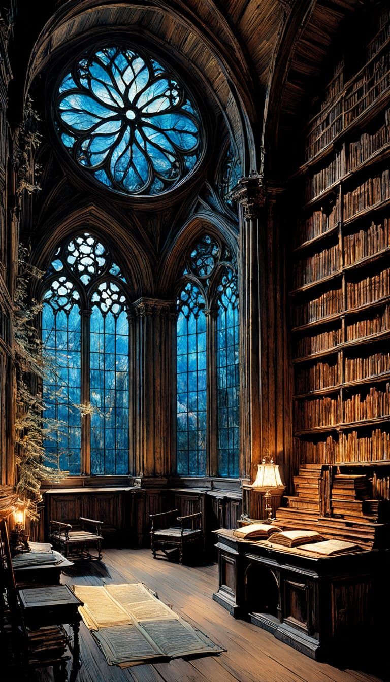 Enchanted Monastery Library in Dreamlike Evening Light