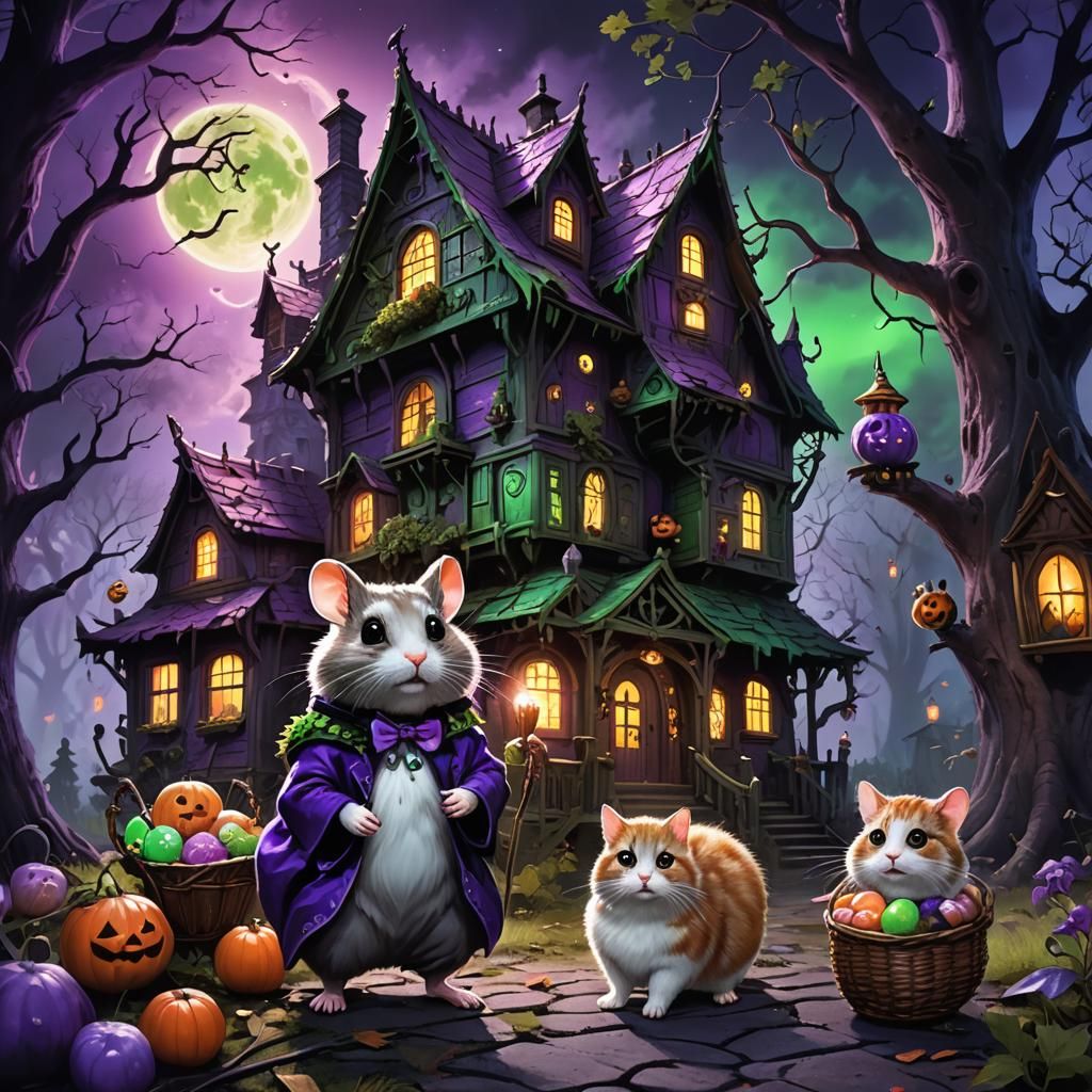 Haunted House: Hamster and Cat in Costume