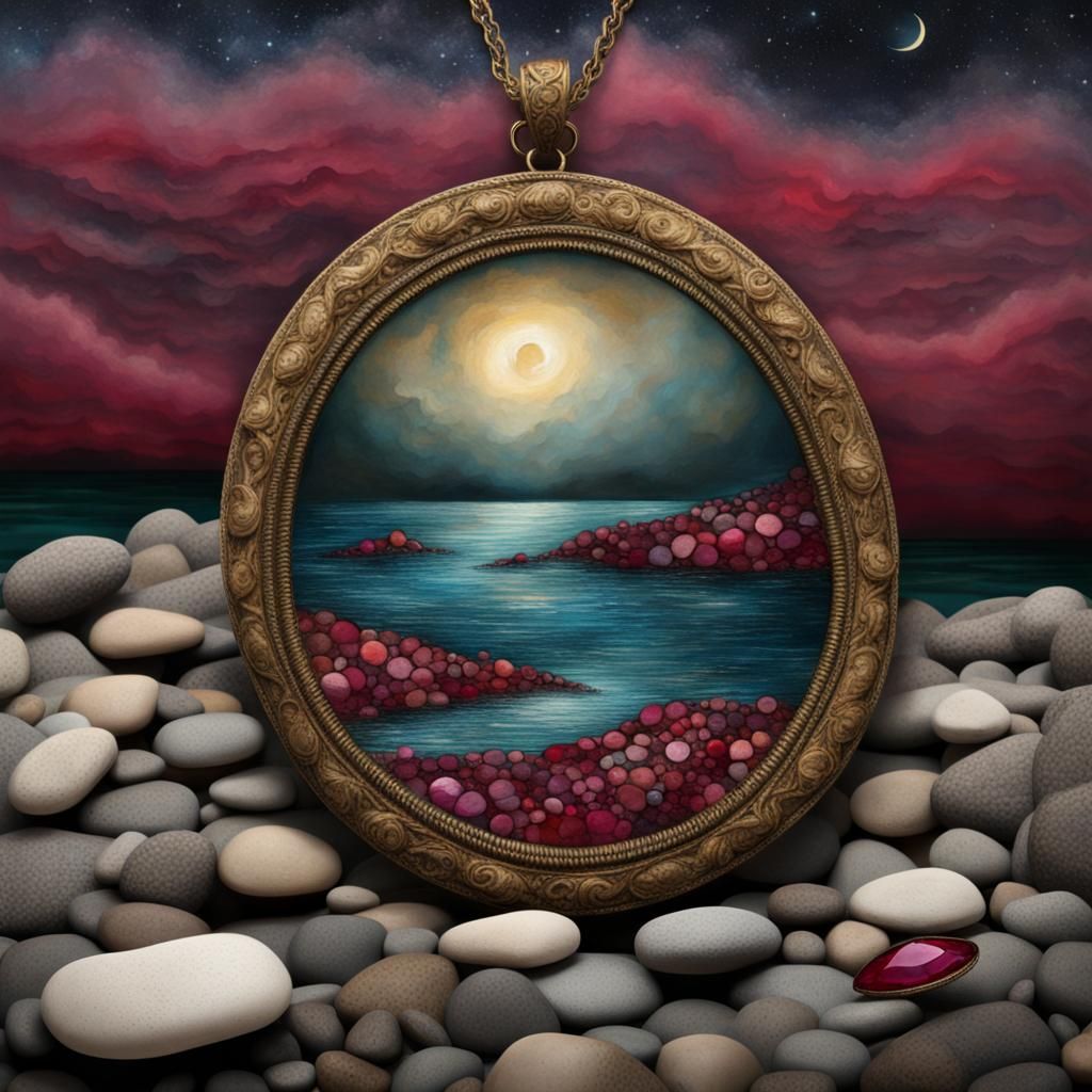 Ruby Necklace on Rocky Shore, Mixed Media Image