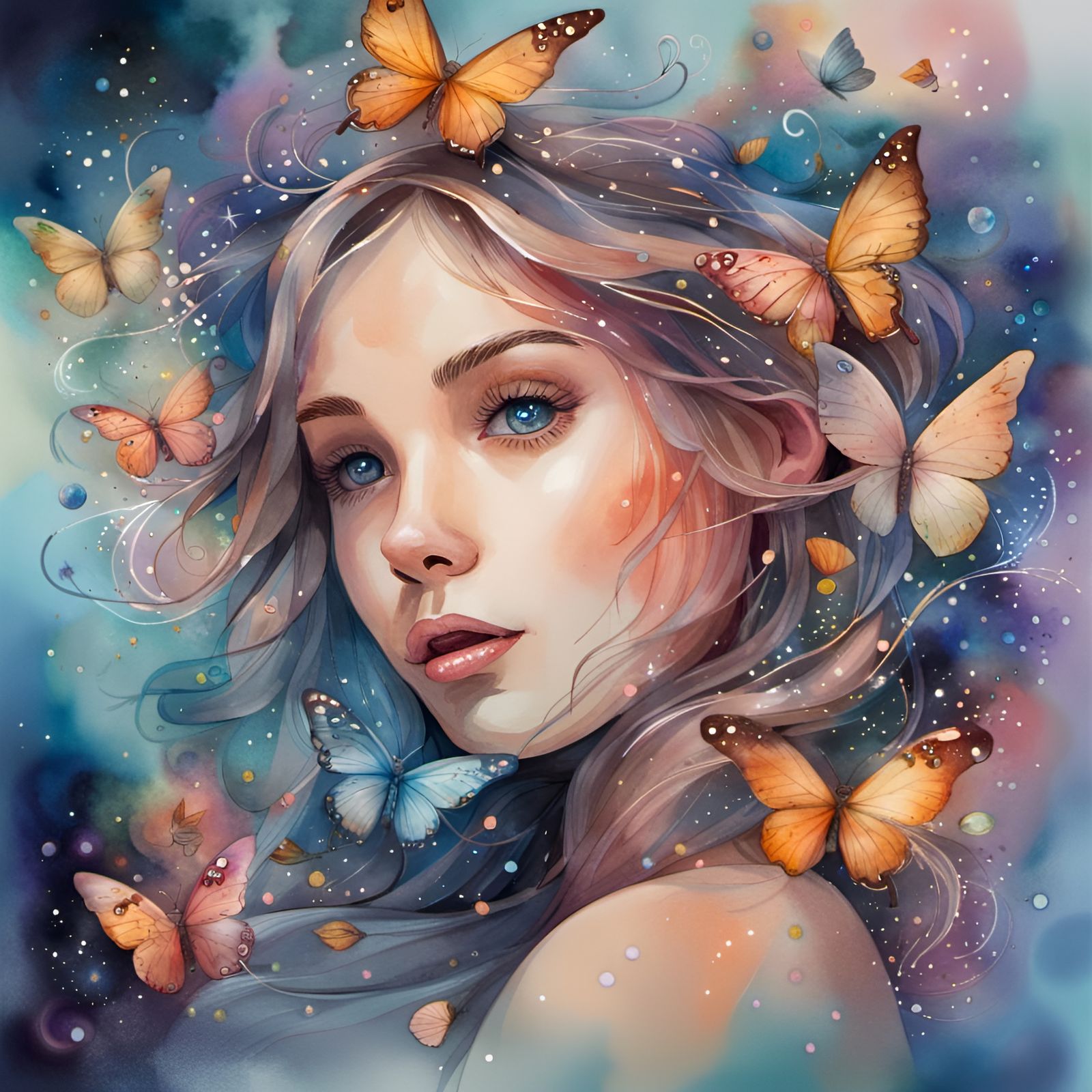 Ethereal Girl with Butterfly Wings in Galaxy