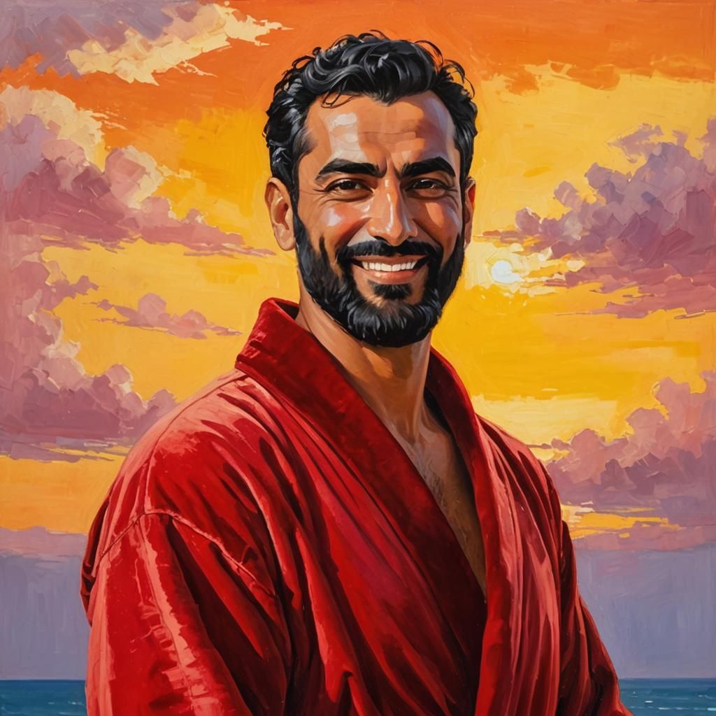 Arab Man in Red Bathrobe: Impasto Expressionist Portrait