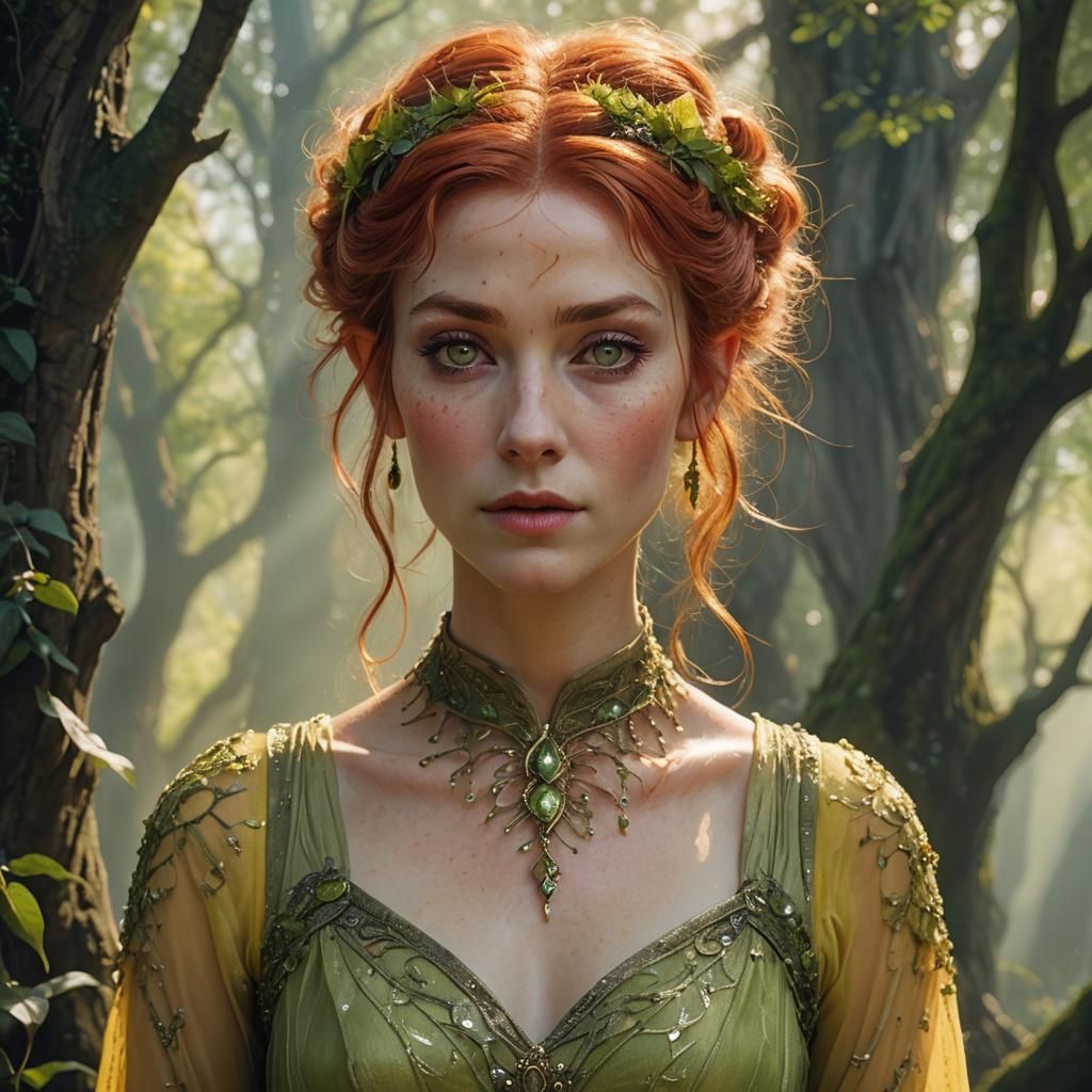 Fantasy Elven Woman in Flowing Yellow Dress