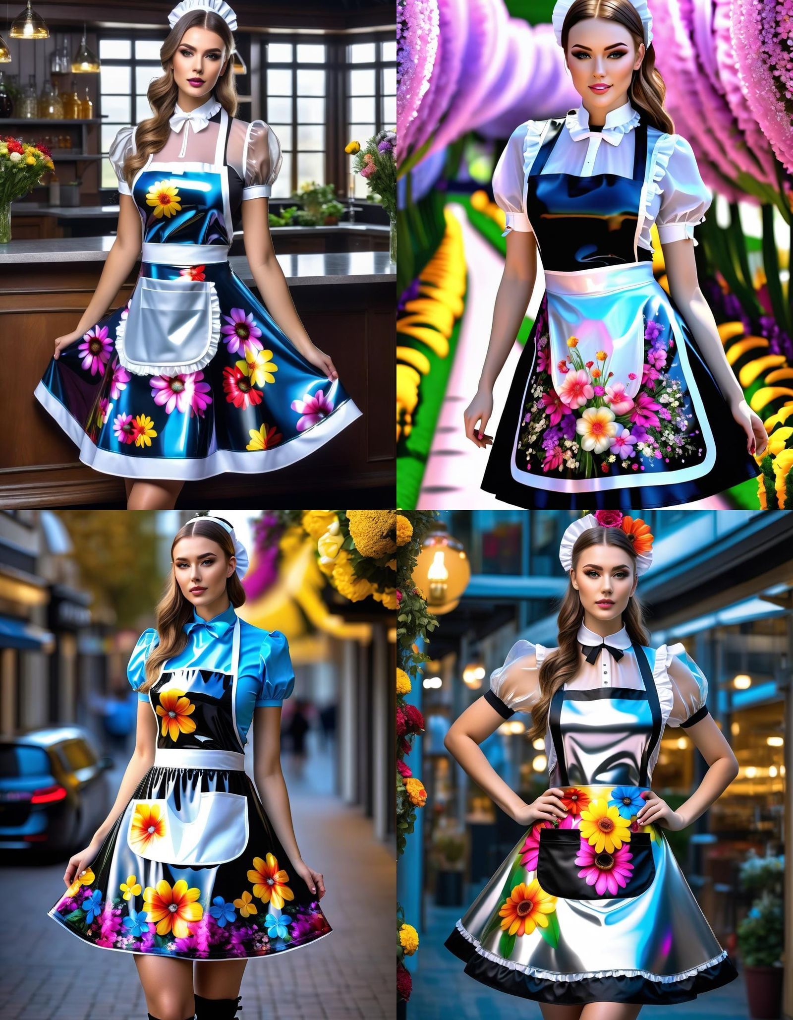 Young Woman in See-Through Latex Floral Maid Dress