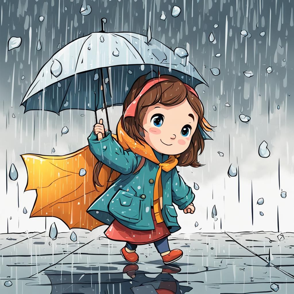 Cartoon Girl with Umbrella in Rainy Weather