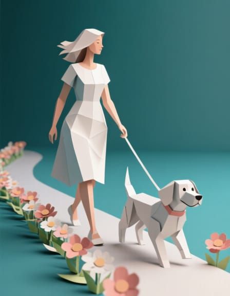 Paper Woman Walks Dog Amidst Floral Paper Path