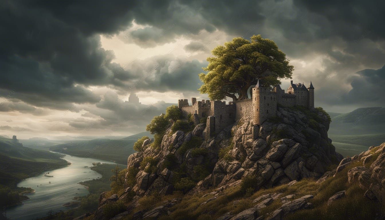 Gloomy Medieval Castle in River Valley: Digital Matte Painti...