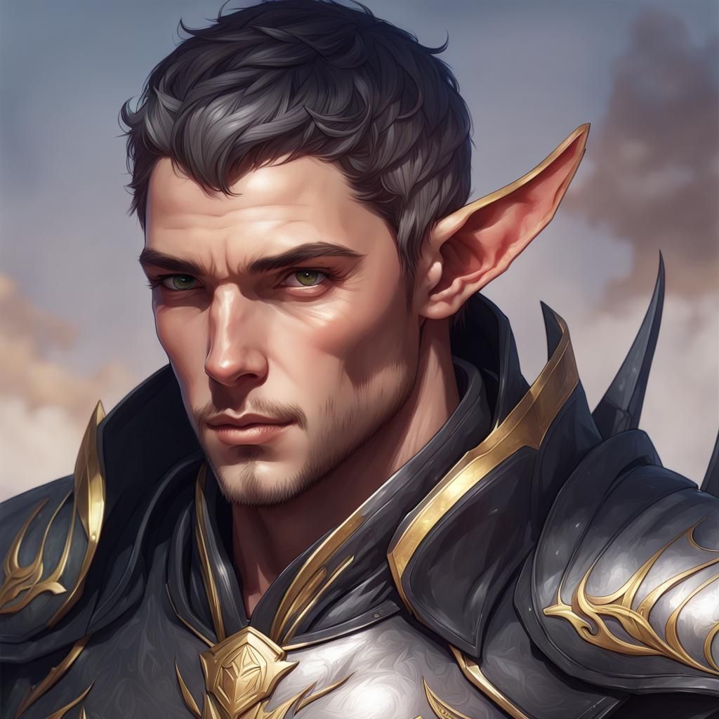 Sun Elf Paladin Portrait in Hyperdetailed Style