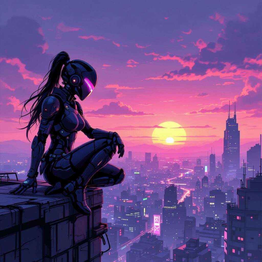 Futuristic Female Ninja Overlooking City At Sunset In Retro ...