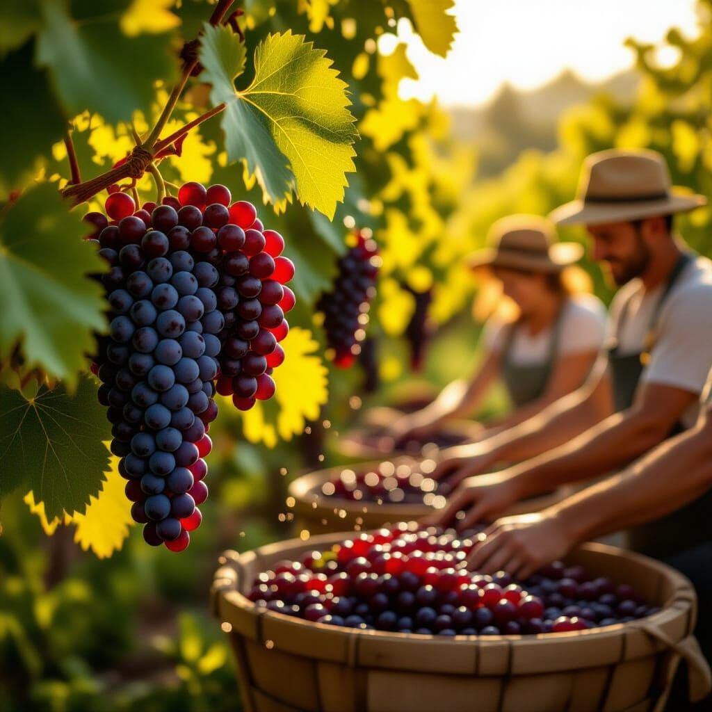 Vibrant Red Grapes and Rustic Winemaking in Oil Painting Sty...