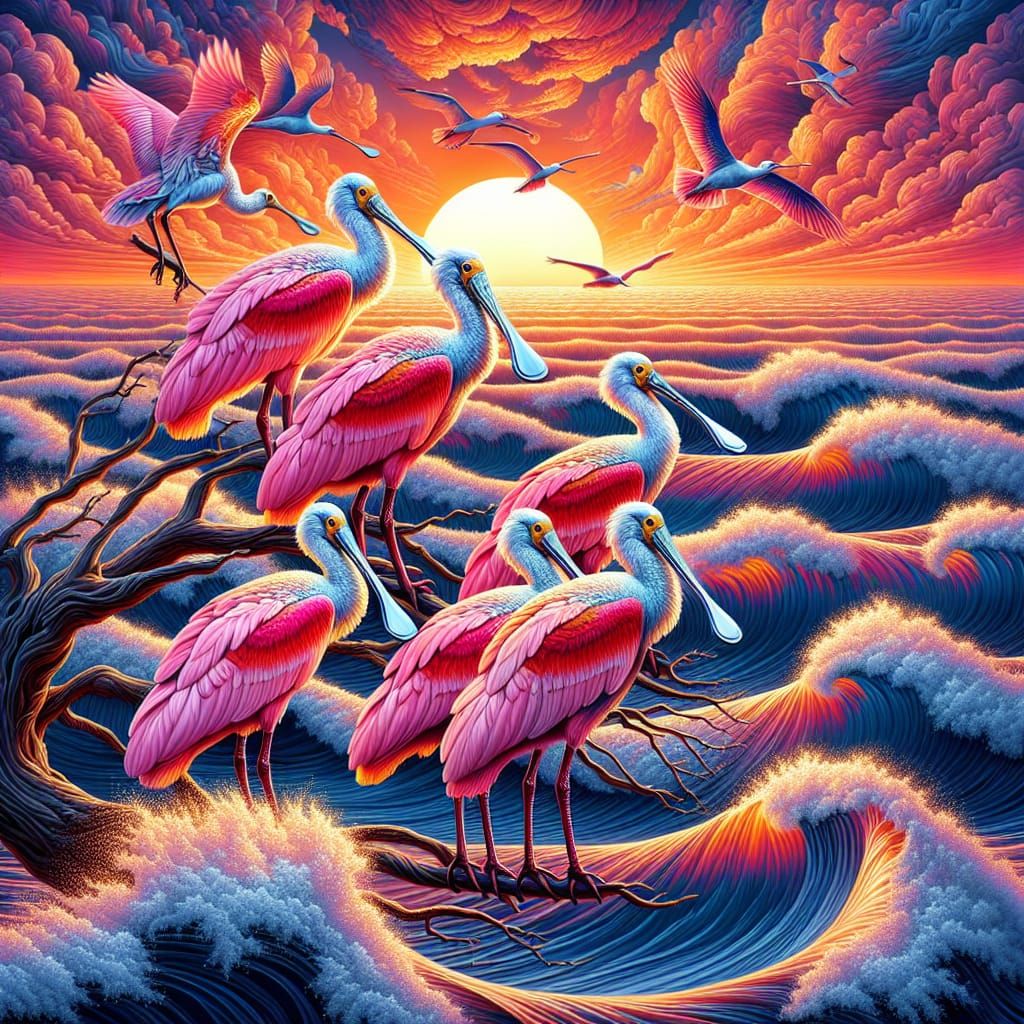 Vibrant Roseate Spoonbills Amidst a Sunset Ocean Scene