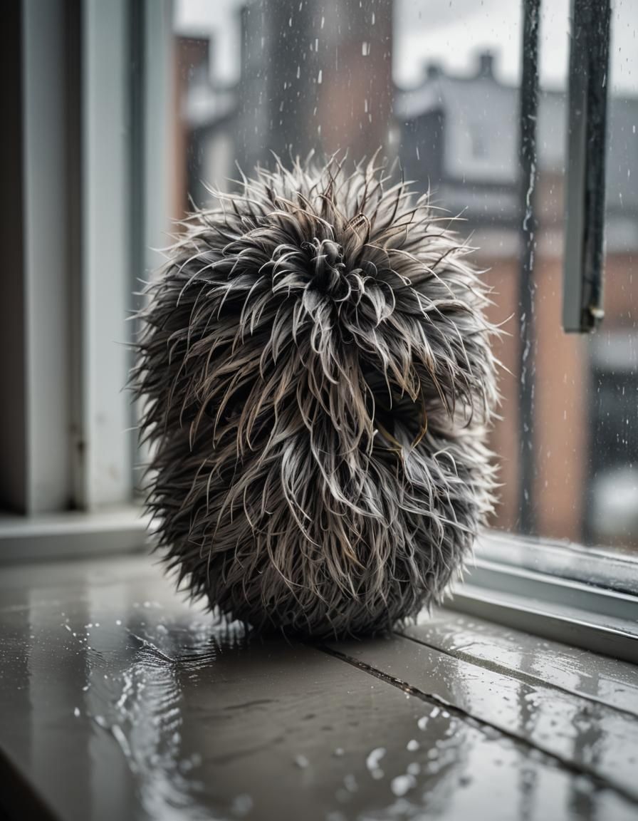 Furry Gray Ball on Rainy Window Sill