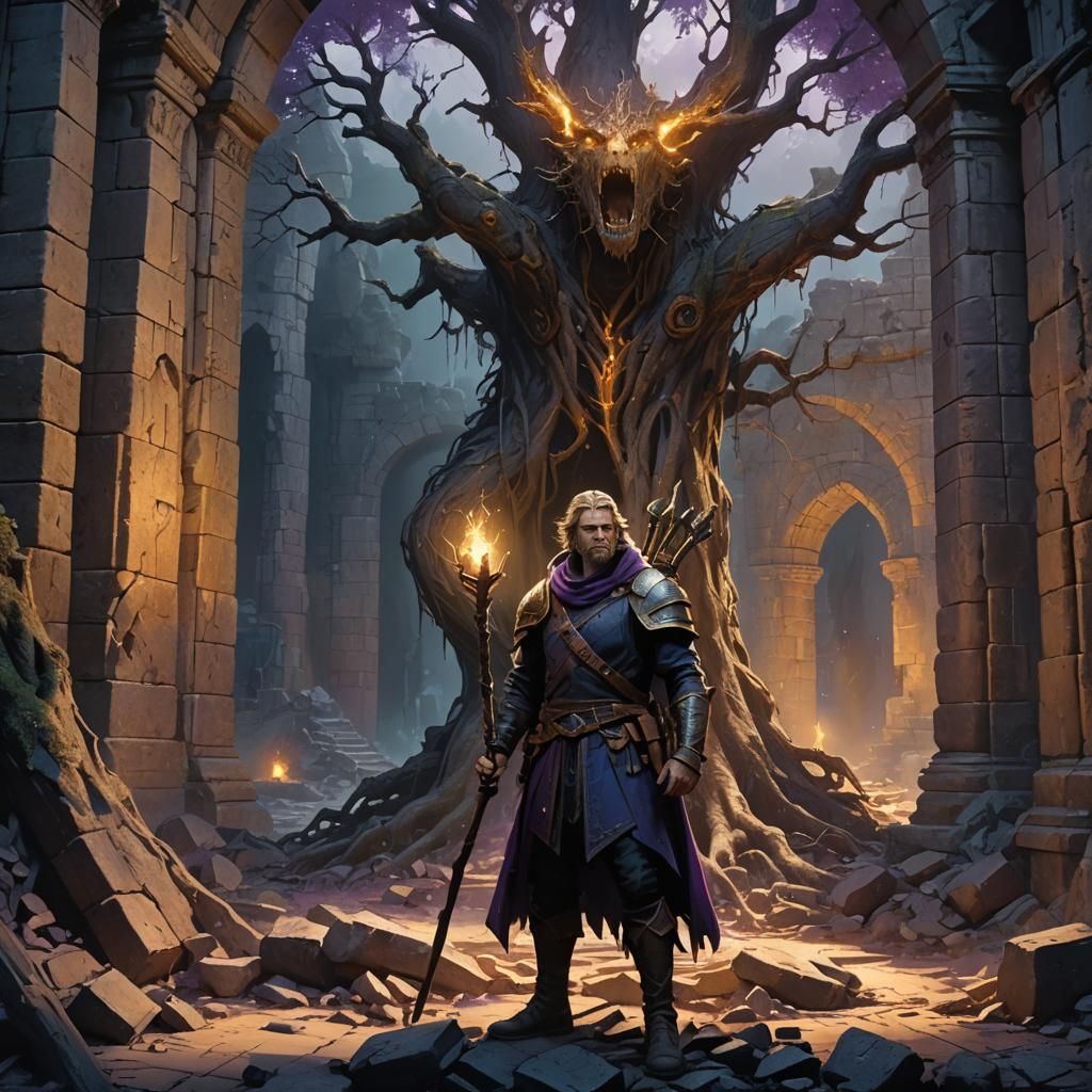 Heroic Figure in Ruined Castle, Dark Fantasy Art