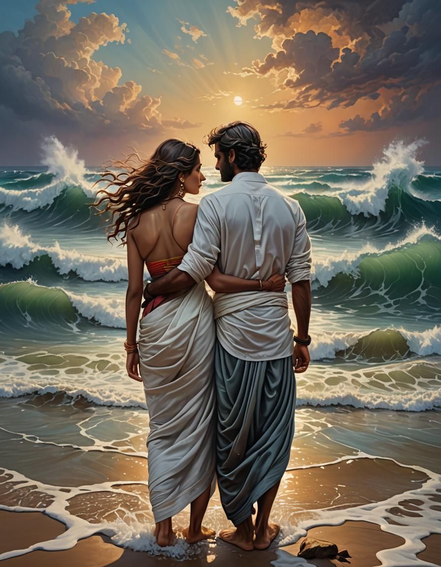 Embracing Couple in Surreal Ocean Landscape