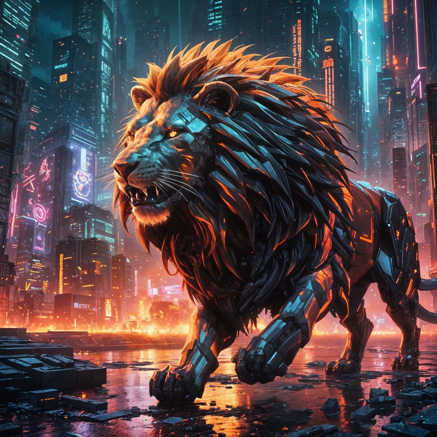 Cyberpunk Lion Pouncing in Explosive Digital Art