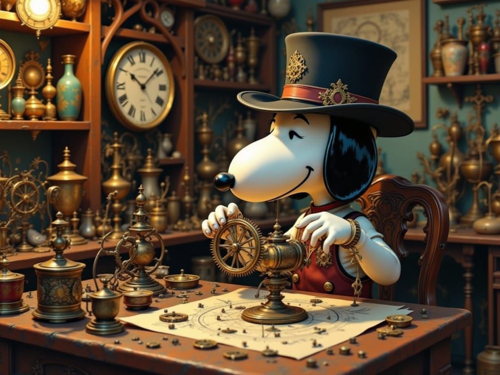 Snoopy as a steampunk artificer, tinkering with clockwork ga...