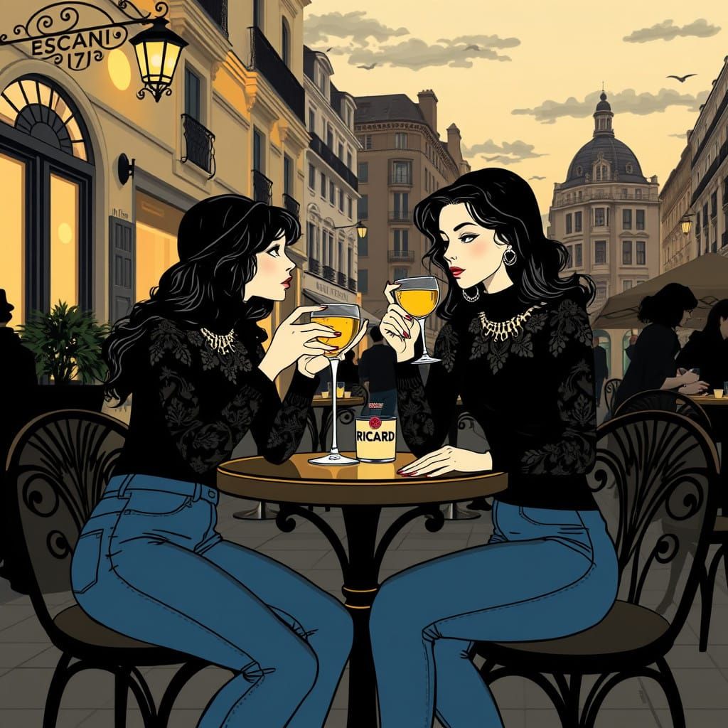 Elegant Women in Vintage Chic Cafe Scene