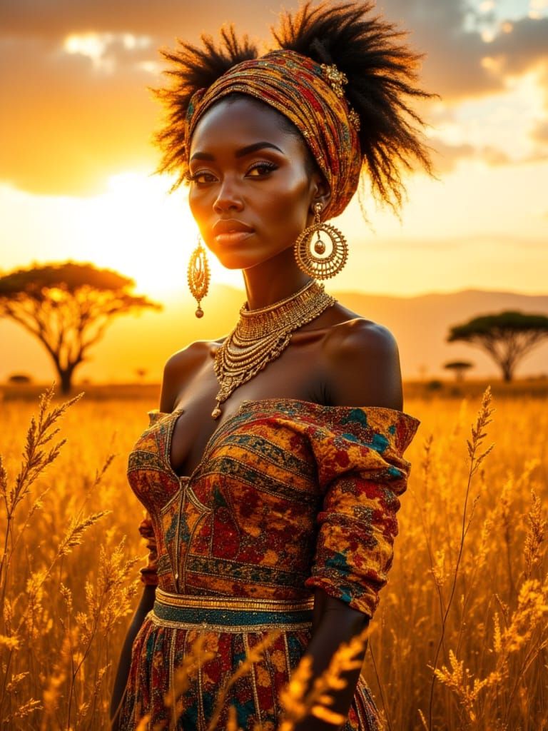 African Woman in Golden Savanna: A Photorealistic Portrait