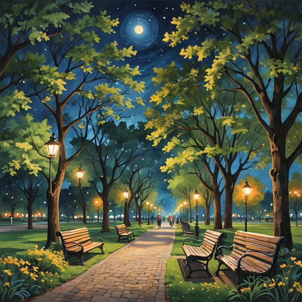 Starry Summer Night in Park, Abstract Impressionism