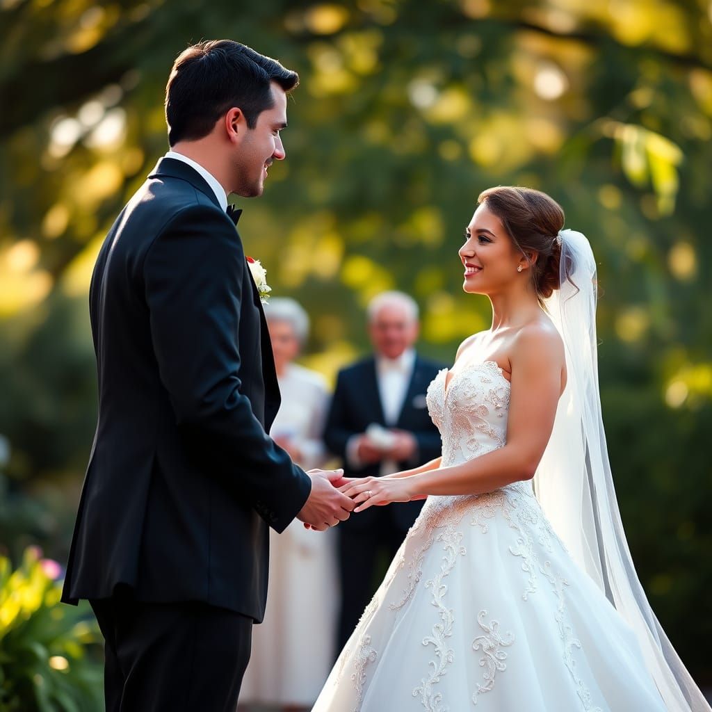 Elegant Wedding Couple in Lush Outdoor Setting