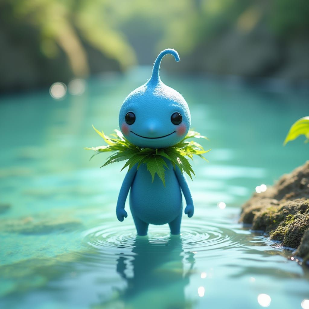 Blue Pikmin with Garland Reflecting in Pool