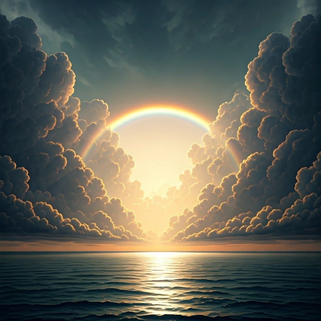 Vibrant Rainbow Bridges Stormy Skies and Serene Sea Horizon