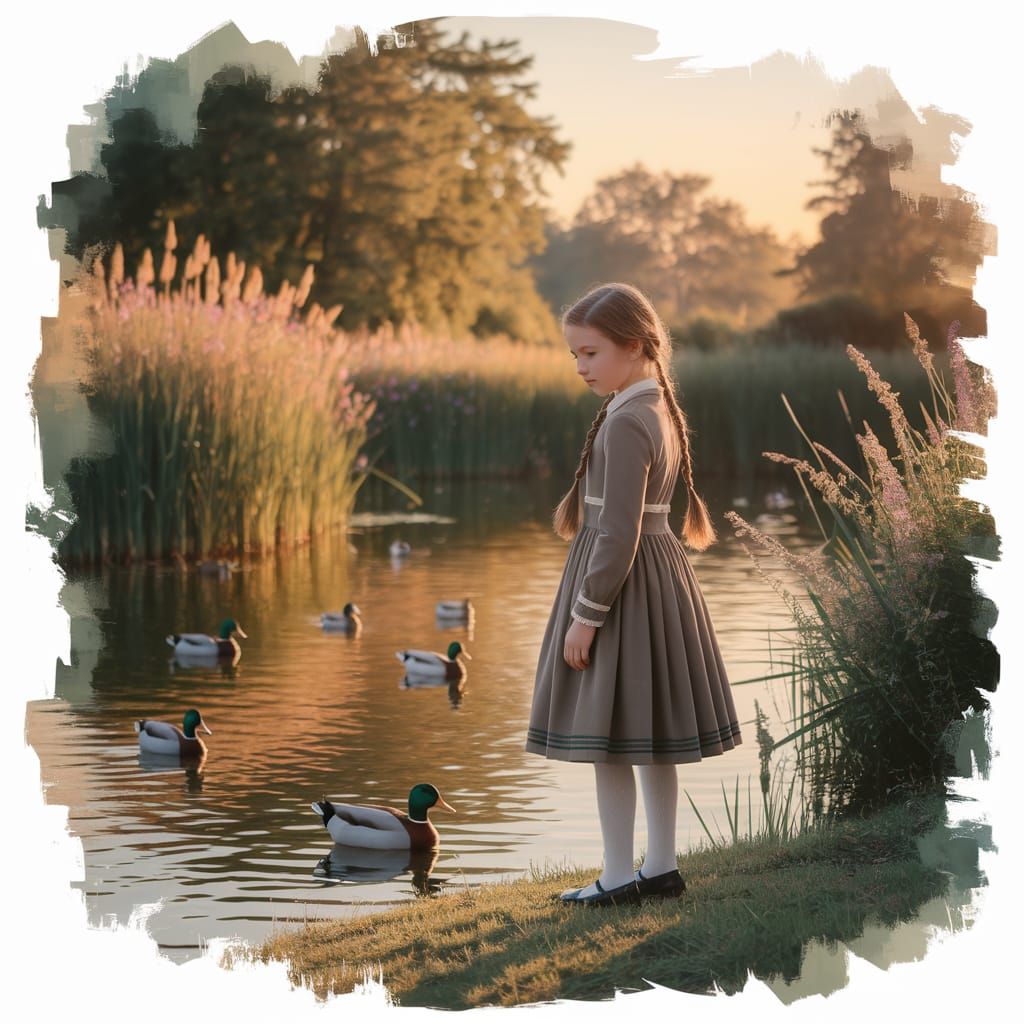 Girl at Duck Pond in Watercolor Style