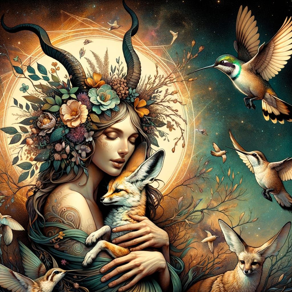 Nature Goddess with Antelope Horns and Fennec Fox