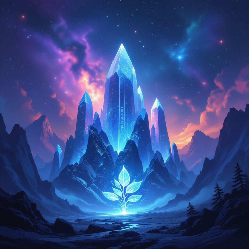 Crystalline Mountains Under Nebula Sky with Glowing Runes